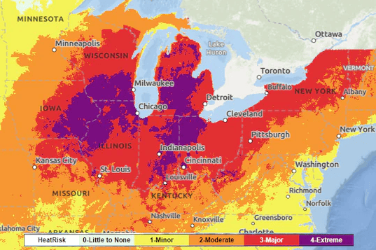 预计18日高温将出现在美国中西部大部分地区、东北部地区（来源：美国国家气象局）